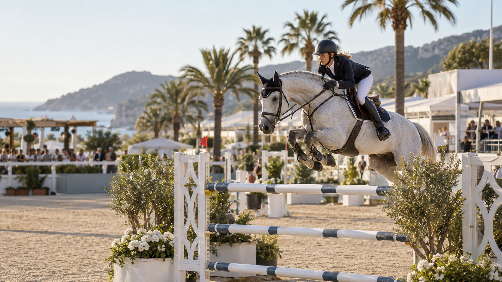 Jinete y caballo en un concurso de salto de ambiente mediterráneo