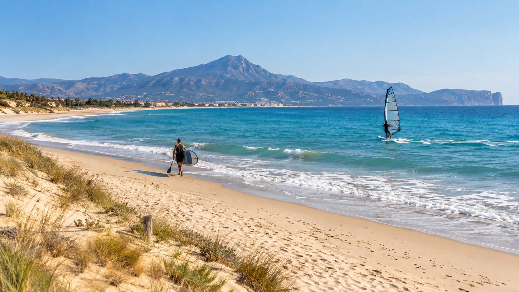 Windsurf y paddle surf en una playa mediterránea