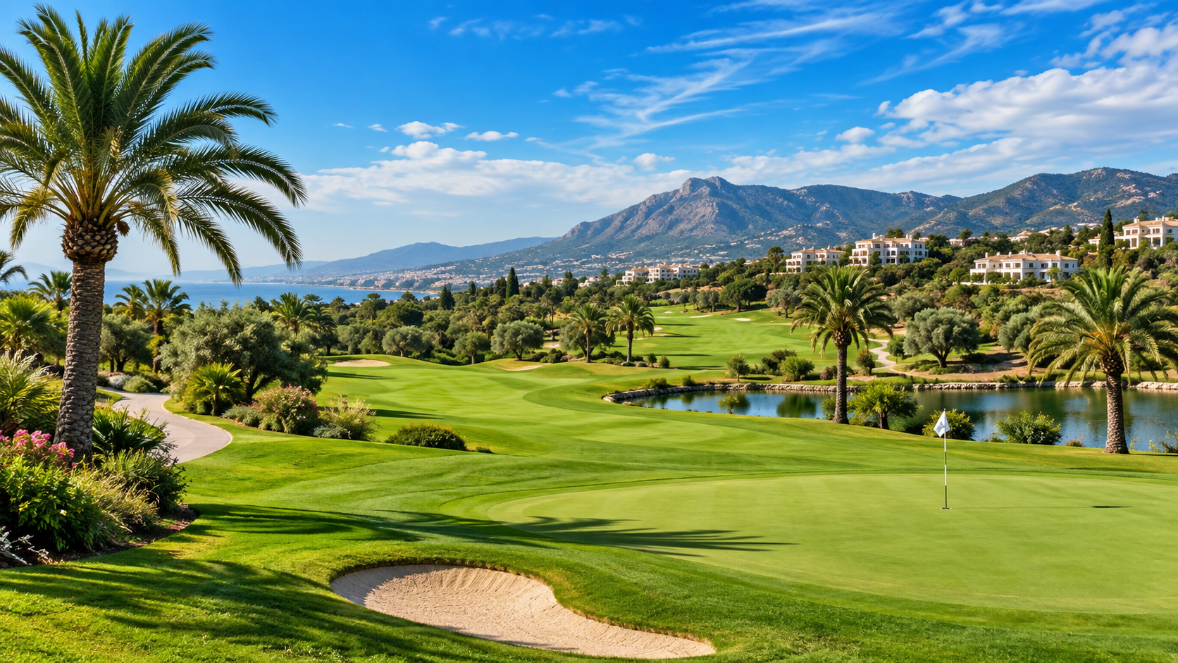 Campo de golf mediterráneo rodeado de palmeras