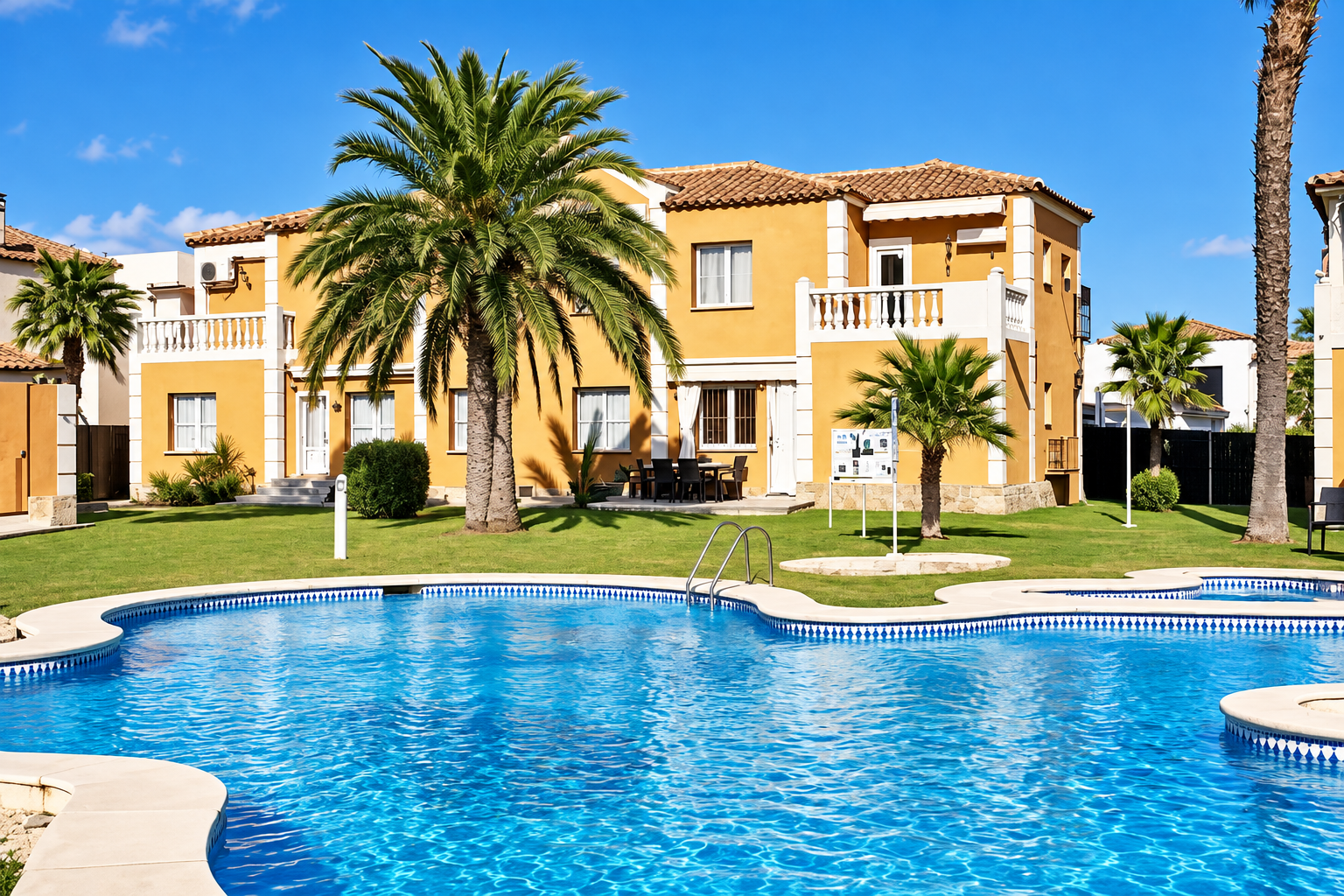 Piscina comunitaria y jardines frente al apartamento