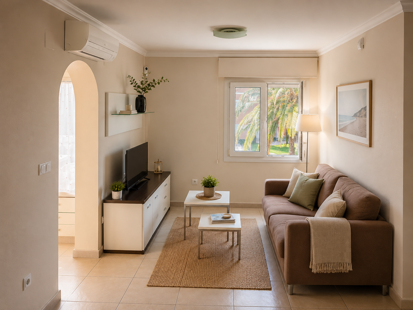 Salón real del apartamento con sofá, televisión y aire acondicionado